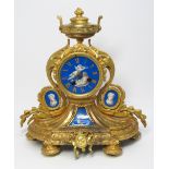 GOOD 19th CENTURY FRENCH GILT ORMOLU MANTLE CLOCK, WITH BLUE PORTRAIT PORCELAIN PANELS AND DIAL,