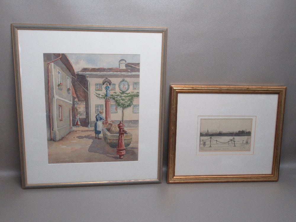 T. HARGREAVES, CONTINENTAL COURTYARD SCENE, WATERCOLOUR (31.2cm x 25.6cm) AND A PENCIL SKETCH OF THE