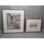 T. HARGREAVES, CONTINENTAL COURTYARD SCENE, WATERCOLOUR (31.2cm x 25.6cm) AND A PENCIL SKETCH OF THE