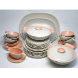 POOLE POTTERY TWINTONE (DOVE GREY/PINK) PART DINNER SERVICE COMPRISING: SOUP BOWLS X 8, SAUCERS X 8,