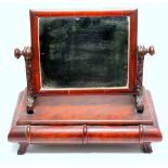 VICTORIAN FLAME MAHOGANY DRESSING TABLE MIRROR ON CARVED FOLIATE DECORATED SUPPORTS, ONE DRAWER WITH