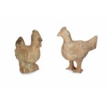 Two pottery sculptures of birds, probably a cockerell and a hen. China, Han. H. 19 - 21,5 cm.