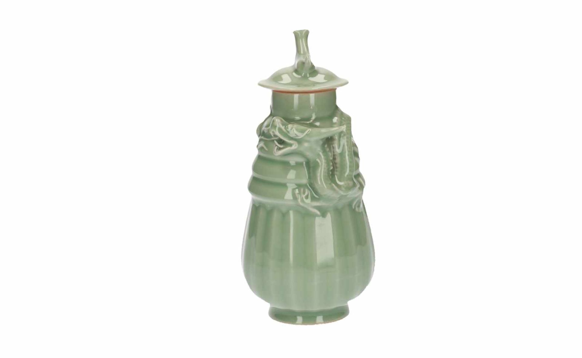 A lot of three celadon lidded vases, decorated with dragons and a tiger. All unmarked. China, 20th - Image 8 of 16