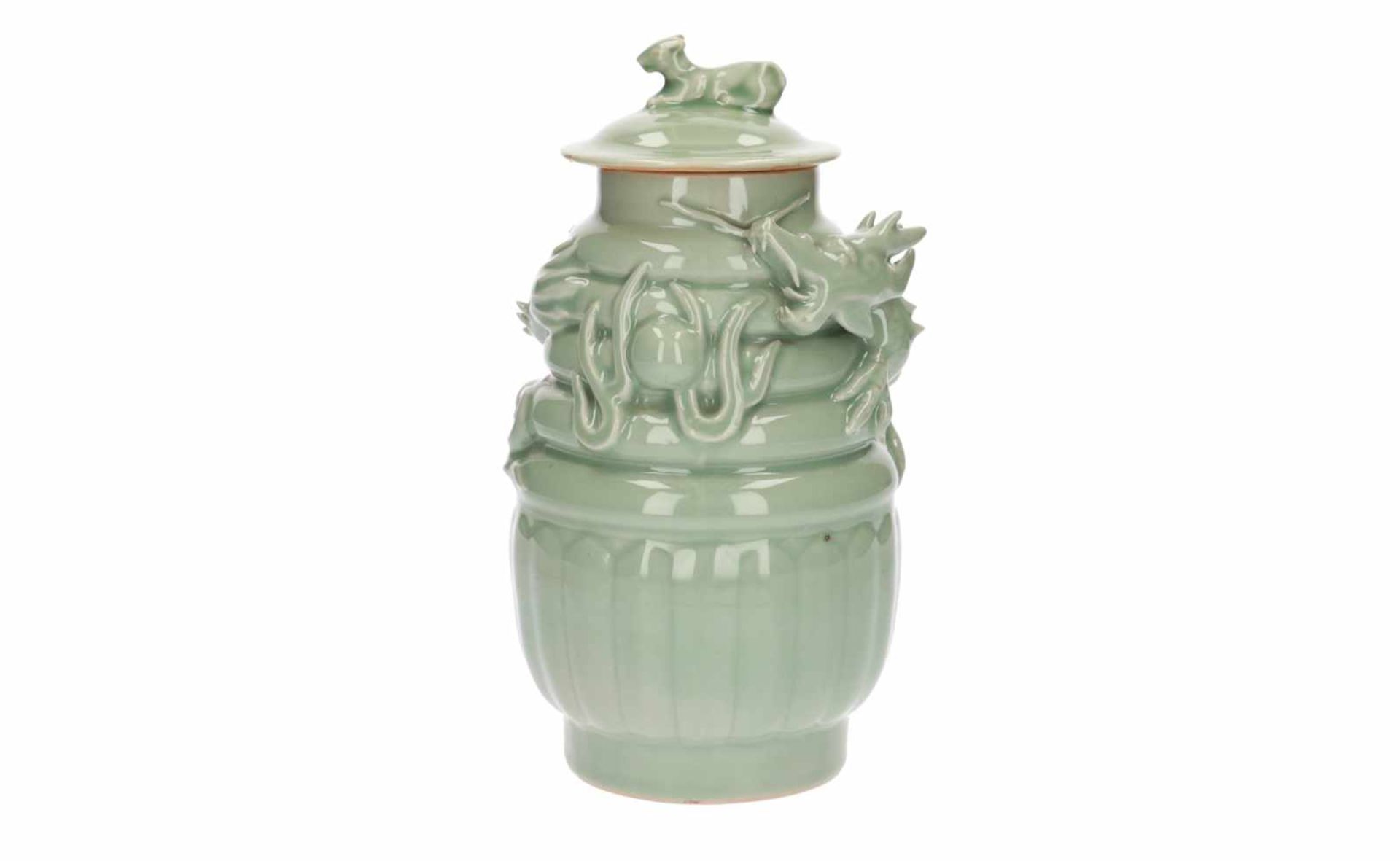 A lot of three celadon lidded vases, decorated with dragons and a tiger. All unmarked. China, 20th - Image 12 of 16