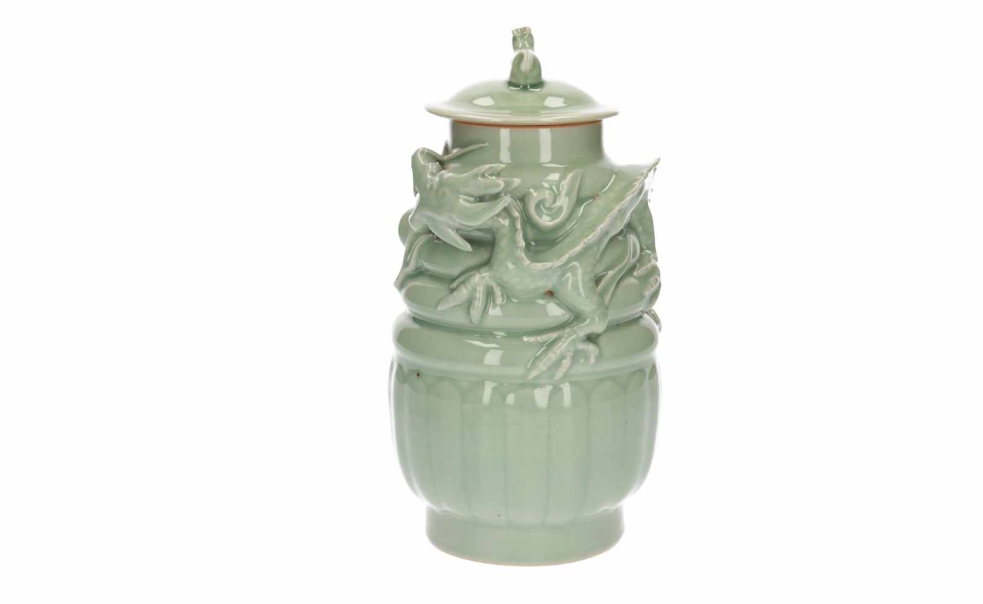 A lot of three celadon lidded vases, decorated with dragons and a tiger. All unmarked. China, 20th - Image 13 of 16