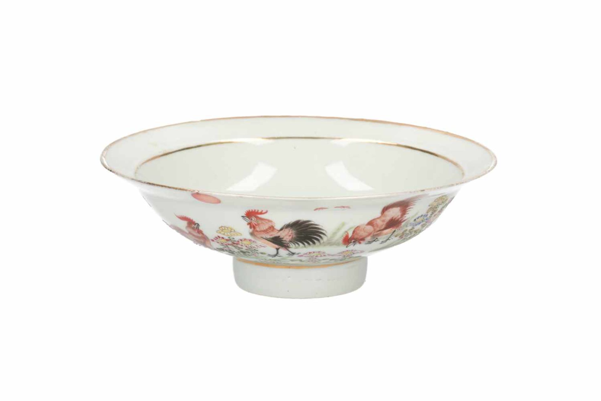 A lot of three polychrome porcelain bowls, decorated with flowers, birds and characters. Marked with - Image 6 of 8