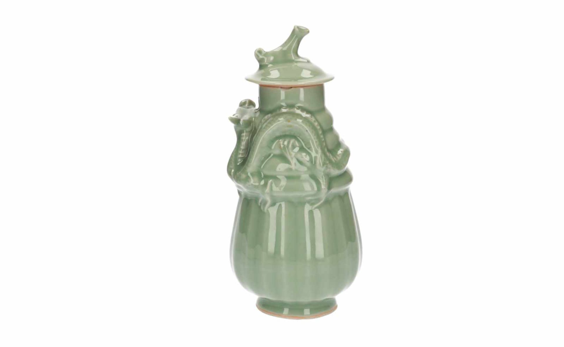 A lot of three celadon lidded vases, decorated with dragons and a tiger. All unmarked. China, 20th - Image 9 of 16
