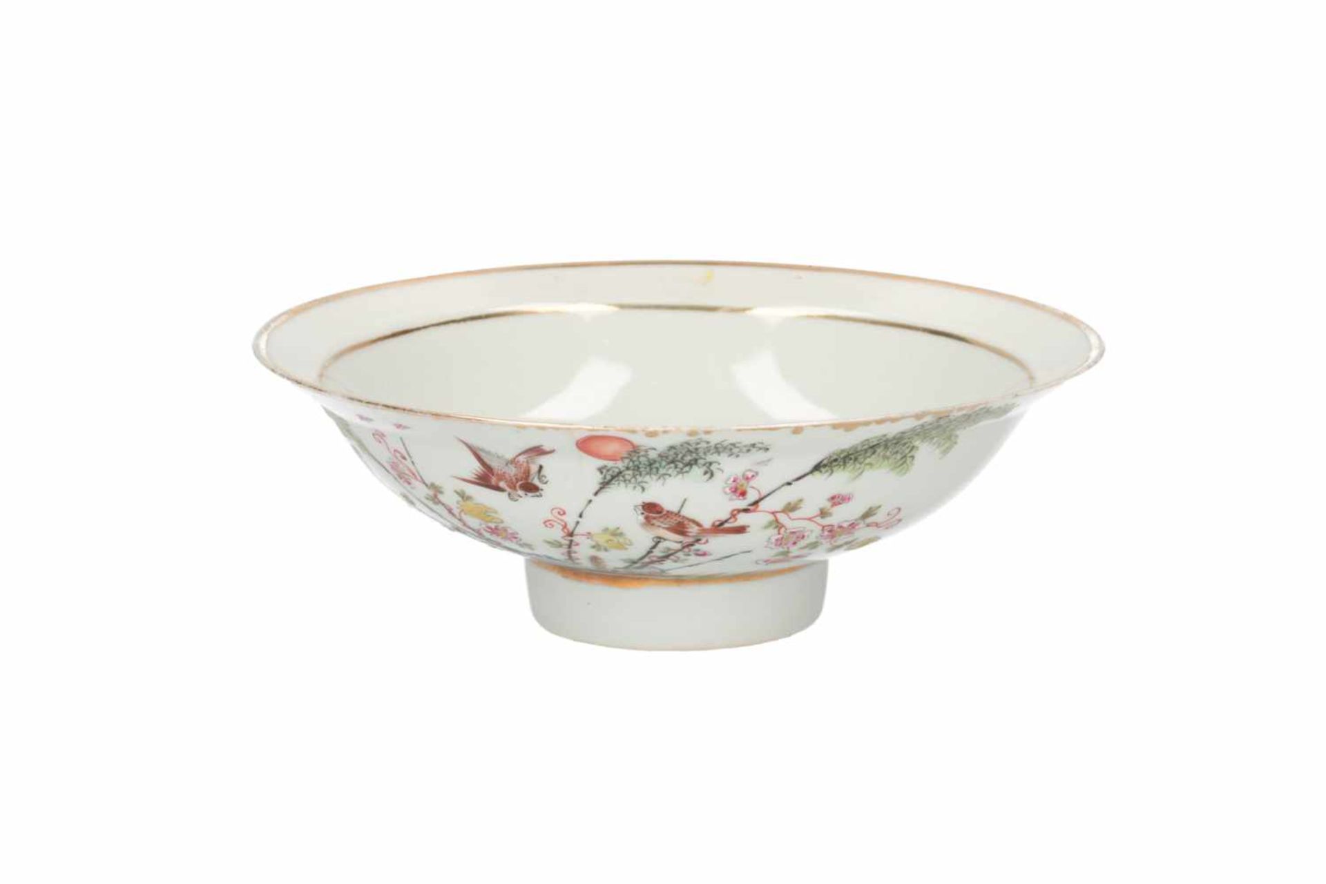 A lot of three polychrome porcelain bowls, decorated with flowers, birds and characters. Marked with - Image 7 of 8