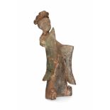 A pottery elegant dancing court lady with long sleeves and traditional hairdo. Traces of polychrome.