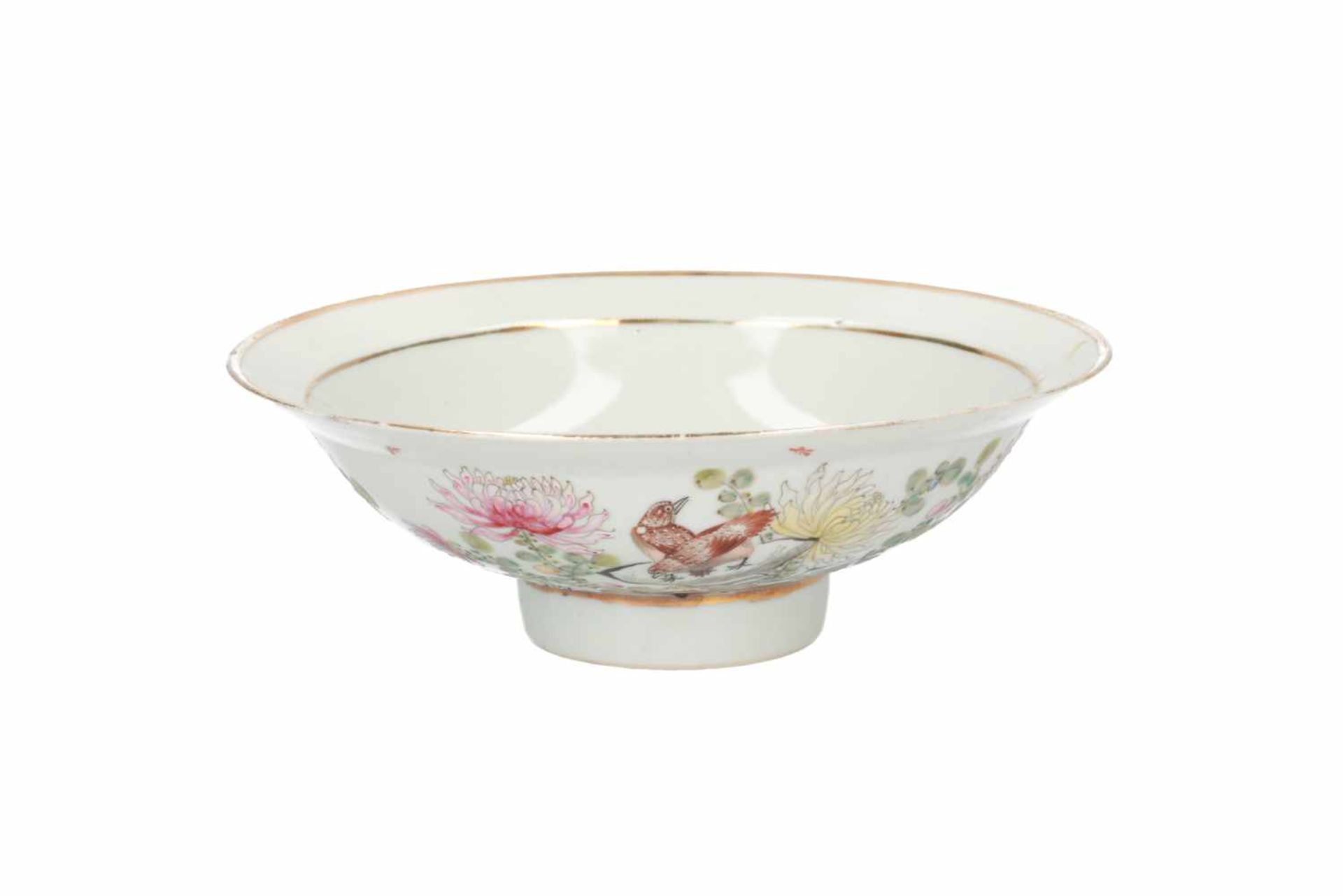 A lot of three polychrome porcelain bowls, decorated with flowers, birds and characters. Marked with - Image 8 of 8