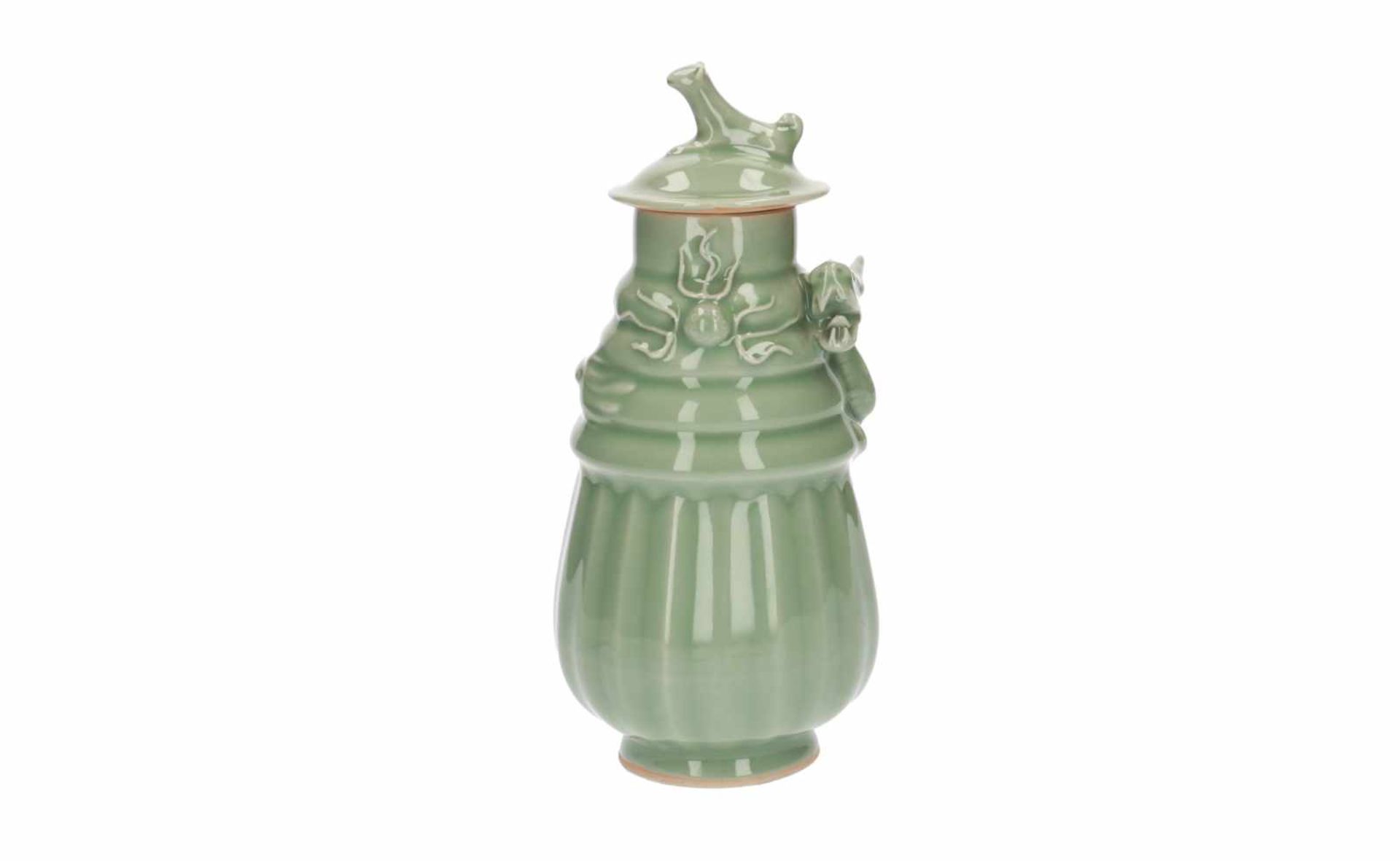 A lot of three celadon lidded vases, decorated with dragons and a tiger. All unmarked. China, 20th - Image 7 of 16