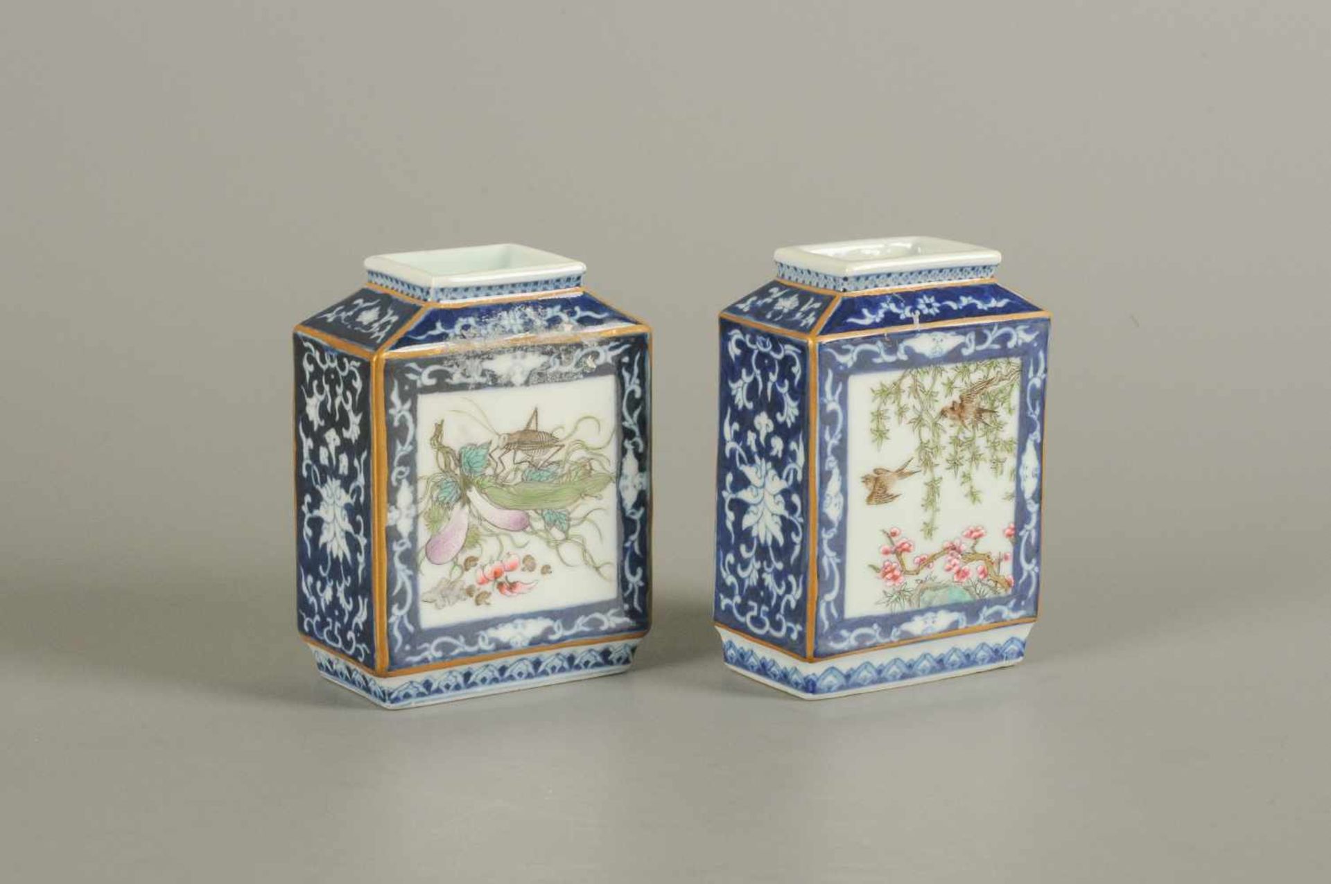 A pair of polychrome miniature vases decorated with flowers, birds and insects. Marked with - Image 3 of 5