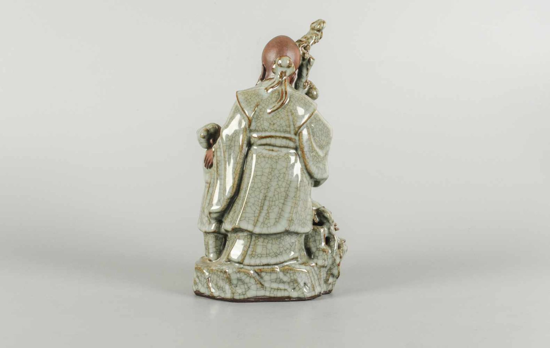 A glazed ceramic sculpture depicting an old man and a child. Unmarked. China, Lonzquan, 20th - Image 4 of 6