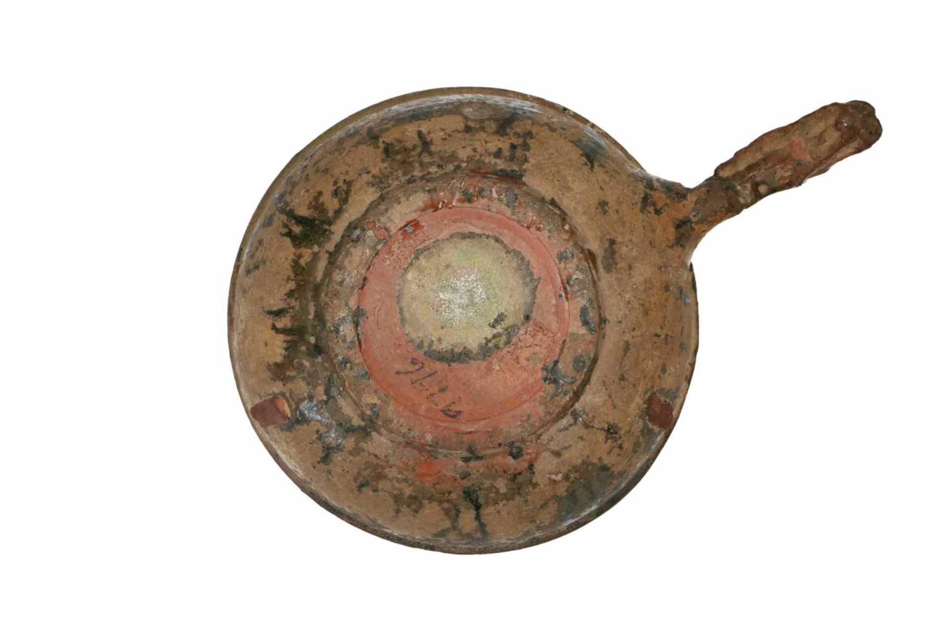 A green glazed ceramic bowl with dragon handle. Groove decorated wall. The dragon head with detailed - Image 4 of 4