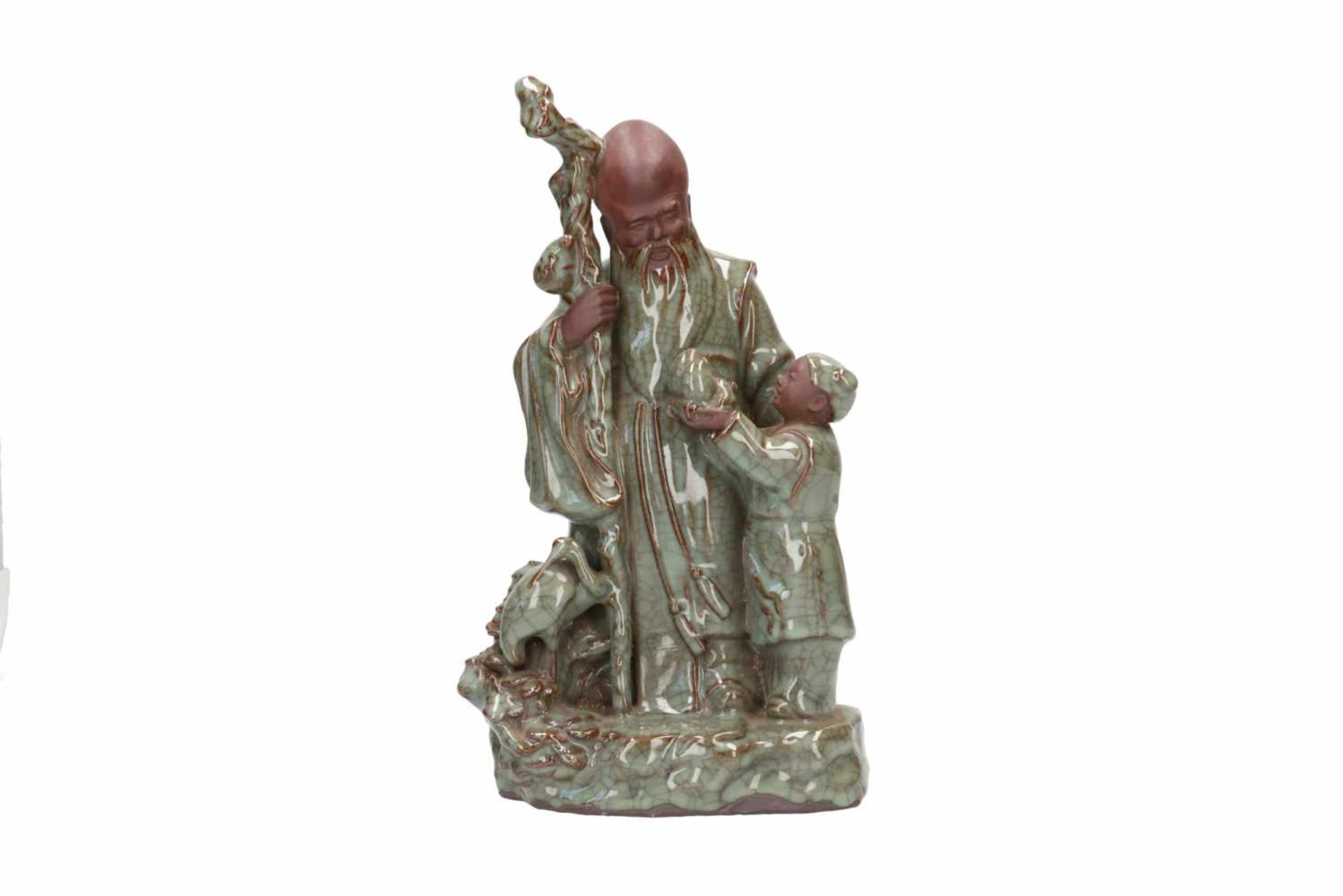 A glazed ceramic sculpture depicting an old man and a child. Unmarked. China, Lonzquan, 20th