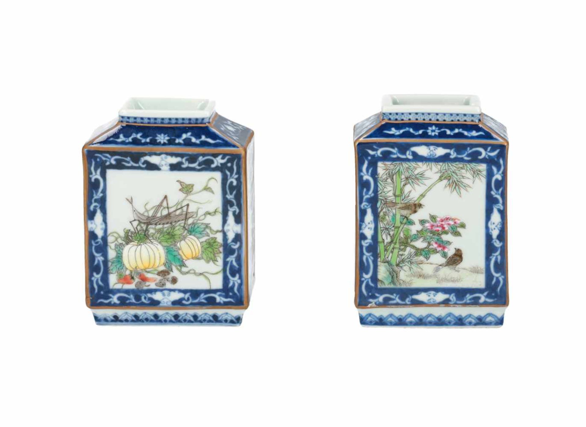 A pair of polychrome miniature vases decorated with flowers, birds and insects. Marked with - Image 5 of 5