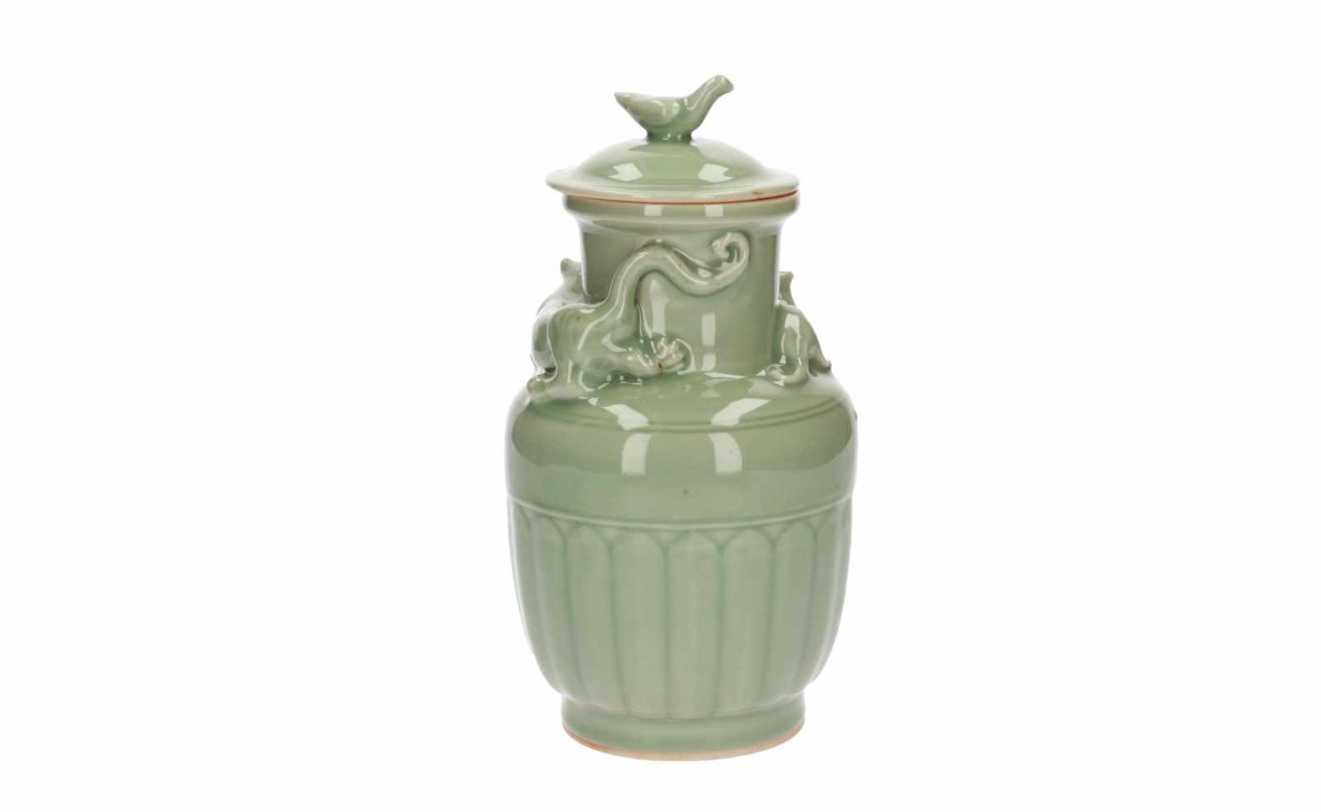 A lot of three celadon lidded vases, decorated with dragons and a tiger. All unmarked. China, 20th - Image 4 of 16