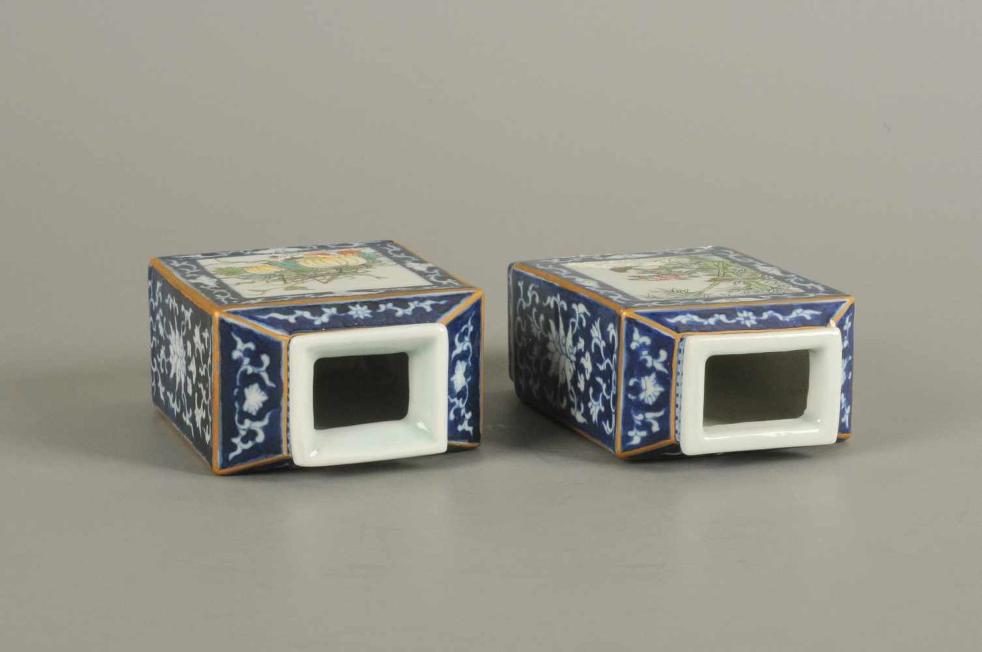A pair of polychrome miniature vases decorated with flowers, birds and insects. Marked with - Image 4 of 5