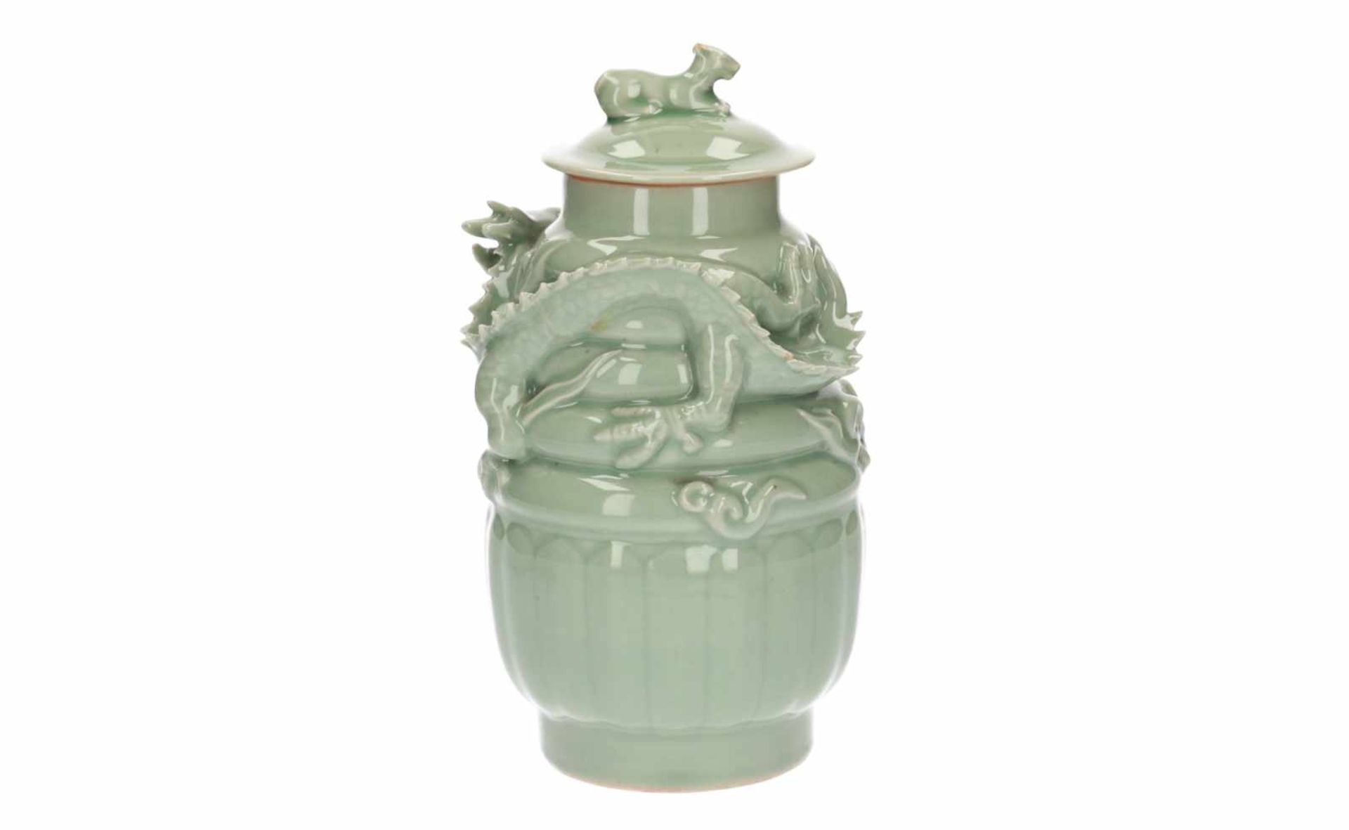 A lot of three celadon lidded vases, decorated with dragons and a tiger. All unmarked. China, 20th - Image 14 of 16