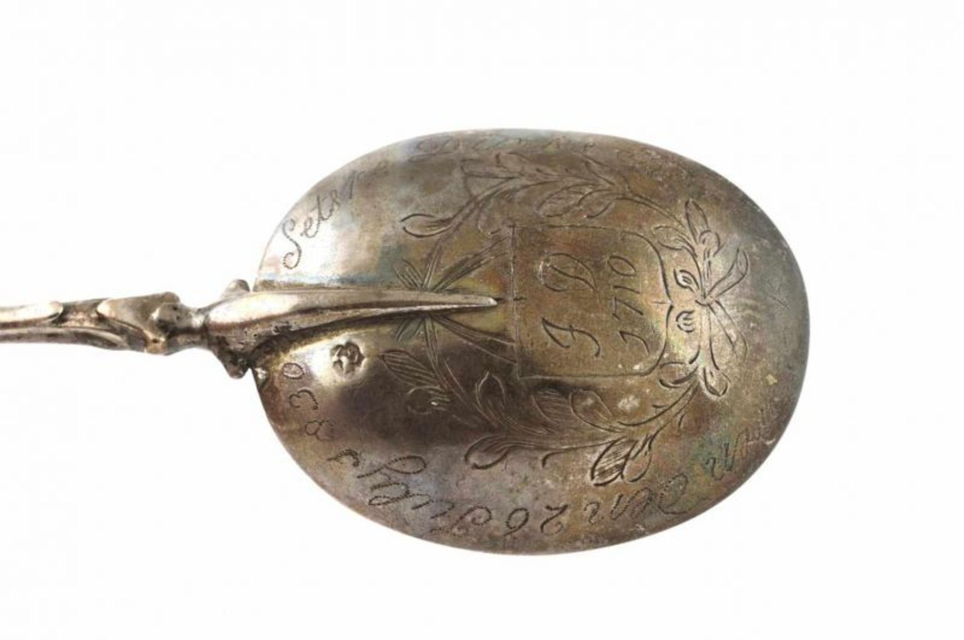 Zilveren geboortelepel met gevlochten steel en bekroning van vrede en hoop. Mt. Andries Vis, - Image 16 of 25
