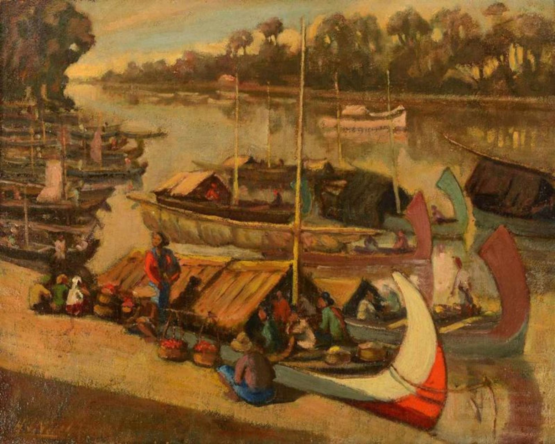 Henry van Velthuysen (1881-1954) 'Activities in a local port', signed l.l., panel. Afm. 47,5 x 59
