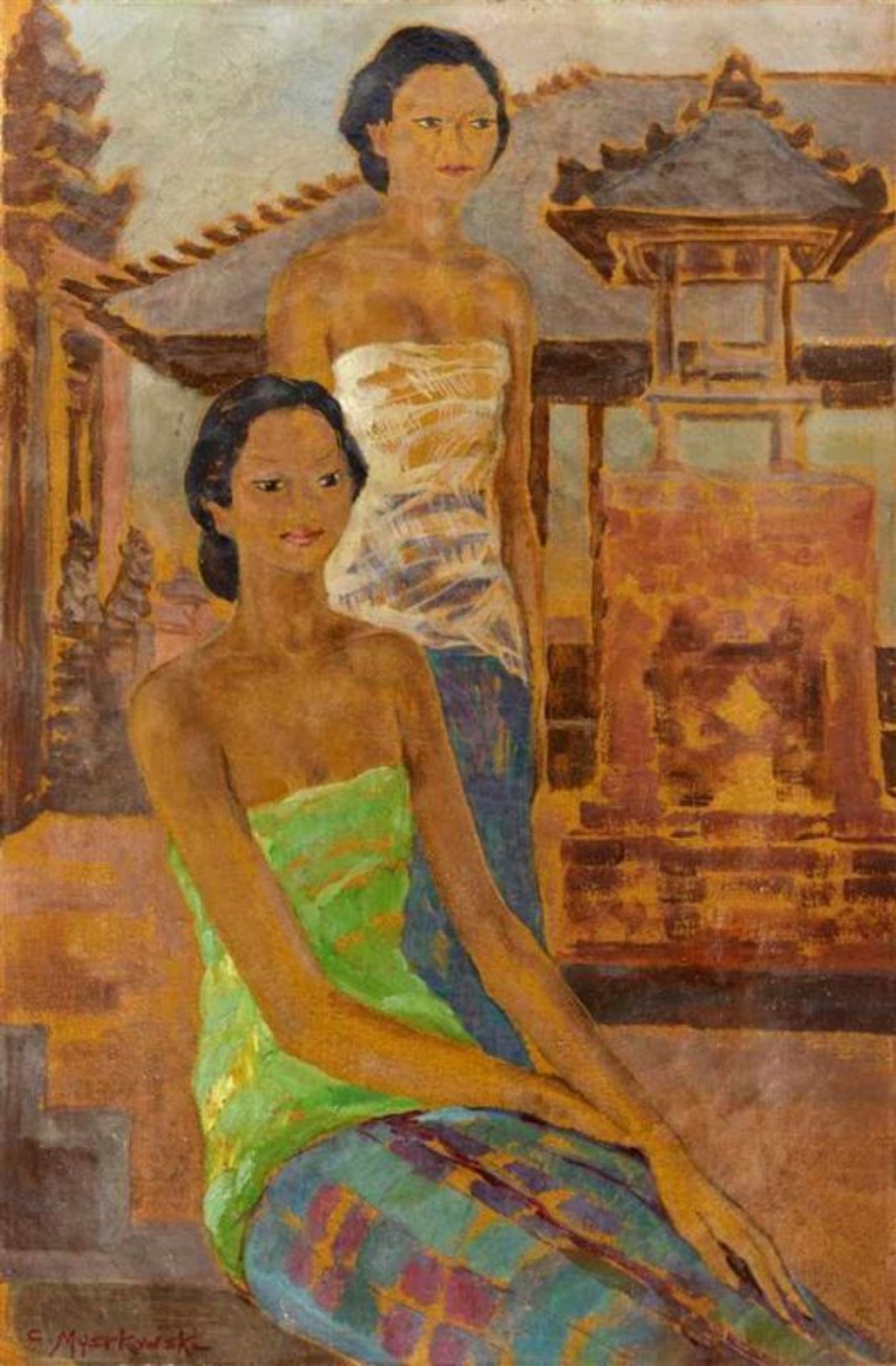 Czeslaw Mystkowski (1898-1938) 'Two Balinese ladies', signed l.l., canvas. 41 x 27 cm. Provenance: a