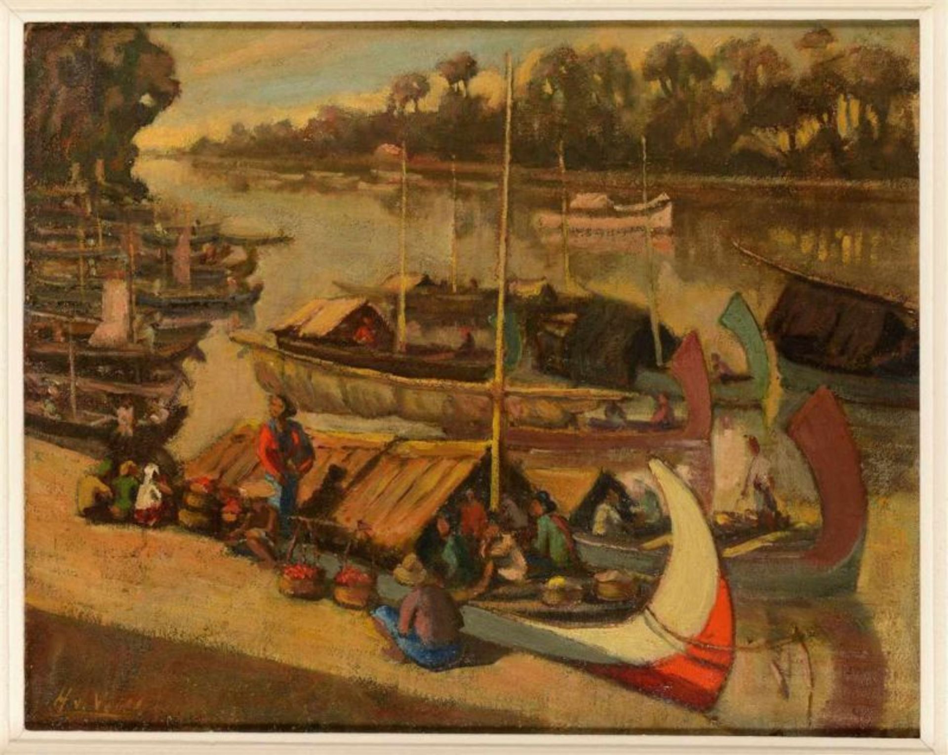 Henry van Velthuysen (1881-1954) 'Activities in a local port', signed l.l., panel. Afm. 47,5 x 59 - Image 5 of 5
