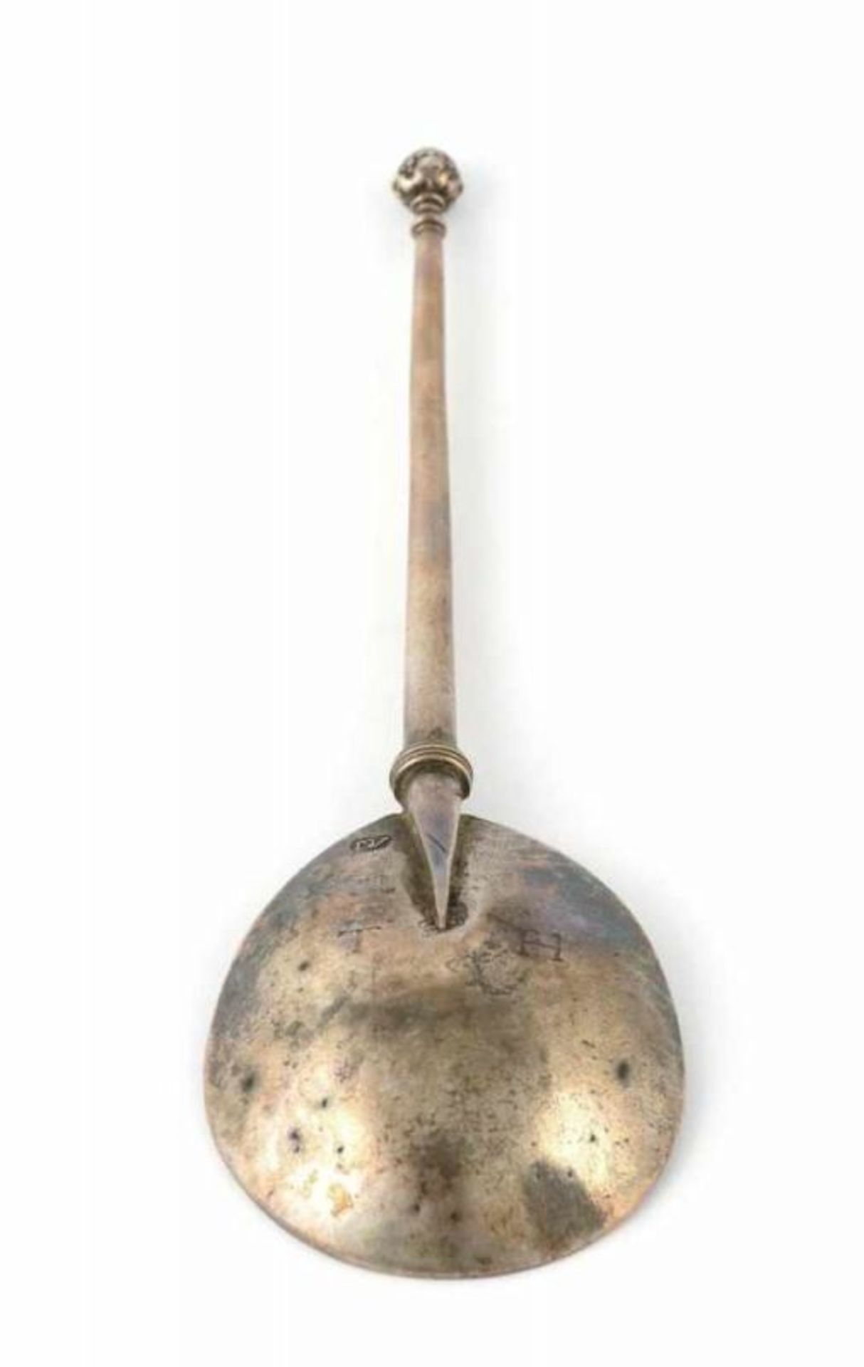 Zilveren geboortelepel met gevlochten steel en bekroning van vrede en hoop. Mt. Andries Vis, - Image 23 of 25