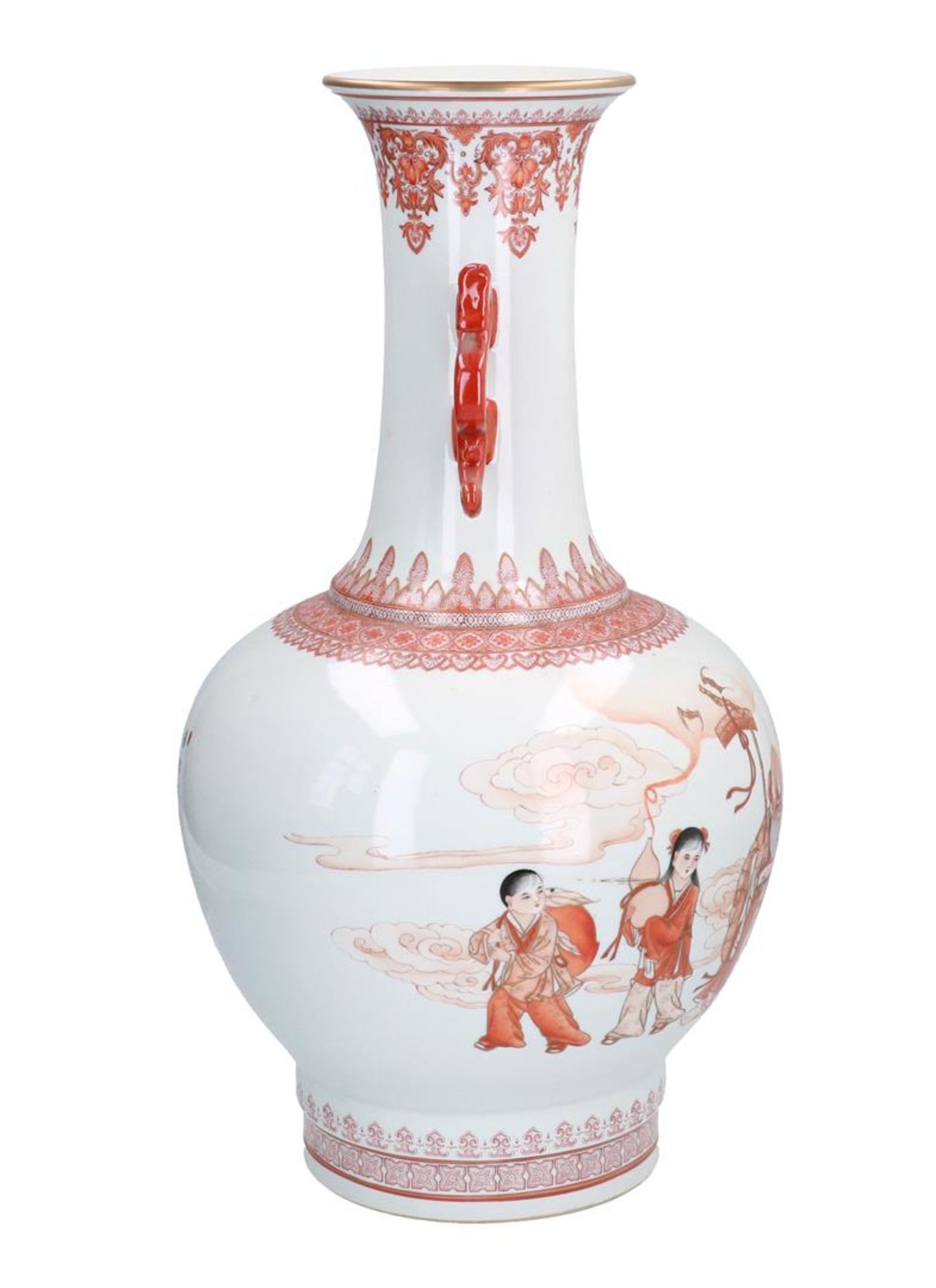 An iron red porcelain vase, decorated with dignitary, figures and a poem. The handles in the shape - Image 4 of 8
