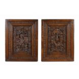 Stel eikenhouten panelen met in reliëf gesneden decor 'Het offer van Abraham', gedateerd 'Anno 1608'