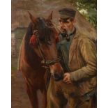 Roland Lary (1855-1932) 'Boer met paard', gesigneerd l.o., gedoubleerd. Afm. 99 x 79 cm.