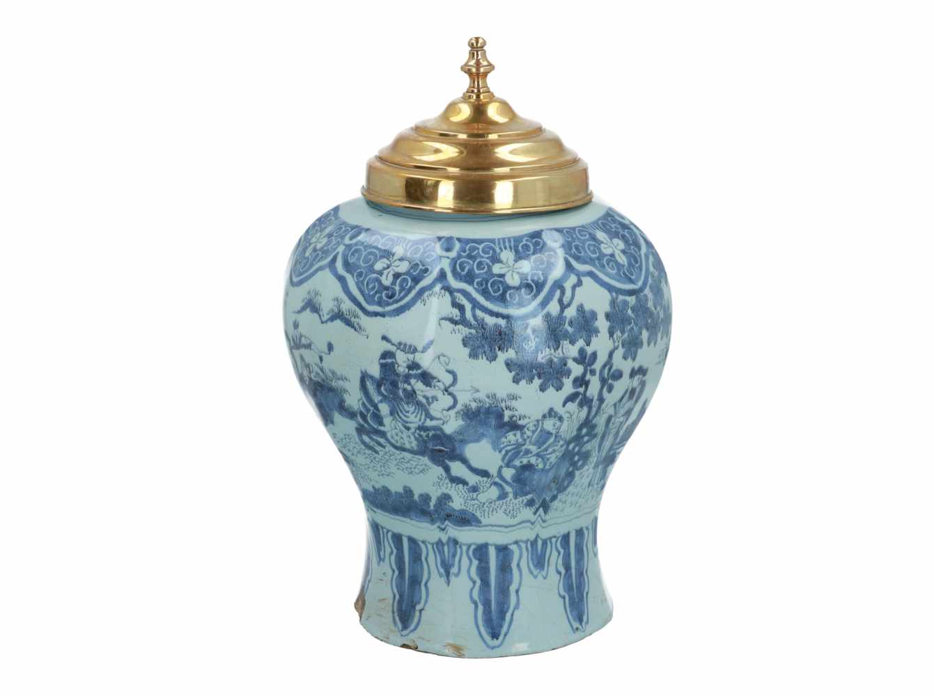 Delfts blauw aardewerk balustervaas met later (19e eeuws) messing deksel, met chinoiserie decor - Image 3 of 6