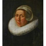 Hollandse School (17e eeuw) 'Portret van een vrouw. Buste naar links, in zwart kostuum met wit kapje