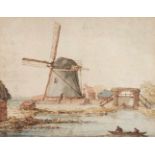 Anthonie Erkelens (1774-1804) 'Riviergezicht met molen en vissers in een bootje', gesigneerd l.o.,