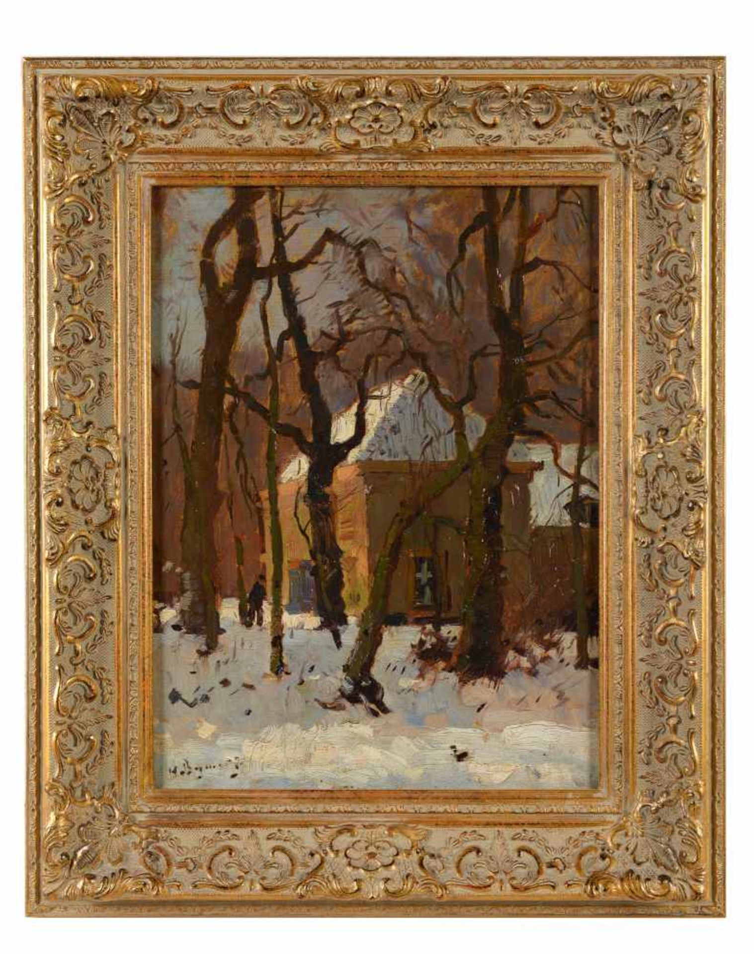 Herman Bogman (1890-1975) 'Winteravond in het Haagse Bos', gesigneerd l.o., doek. Afm. 40,5 x 30,5 - Image 2 of 4