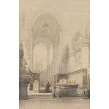 Johannes Bosboom (1817-1891) 'Kerkinterieur met graftombe', gesigneerd l.o., sepia. Afm. 27 x 17,5