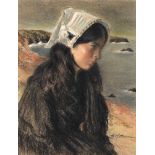 Henri d'Estienne (1872-1949) 'Een jonge vrouw aan de kust', gesigneerd r.o., pastel. Afm. 35 x 26