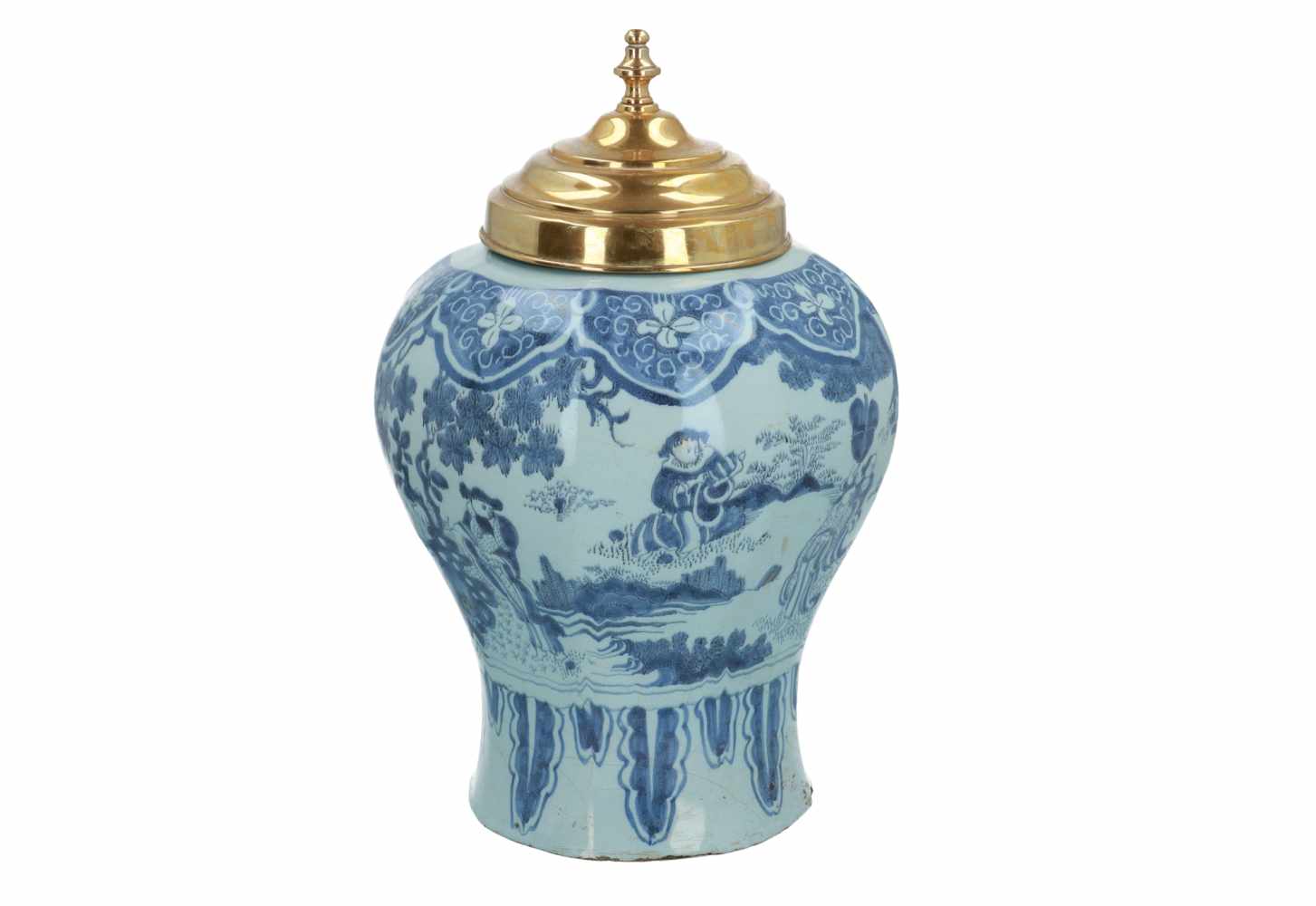 Delfts blauw aardewerk balustervaas met later (19e eeuws) messing deksel, met chinoiserie decor - Image 4 of 6