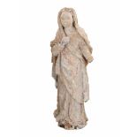 Gestoken houten sculptuur van een vrouw met resten van polychromie. Vlaanderen, 16/17e eeuw. H. 68