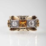 Vintage Diamant-Citrin-Ring Um 1930. 14 kt. GG, gest. Schauseitig zwei Diam. im Altschliff zus.
