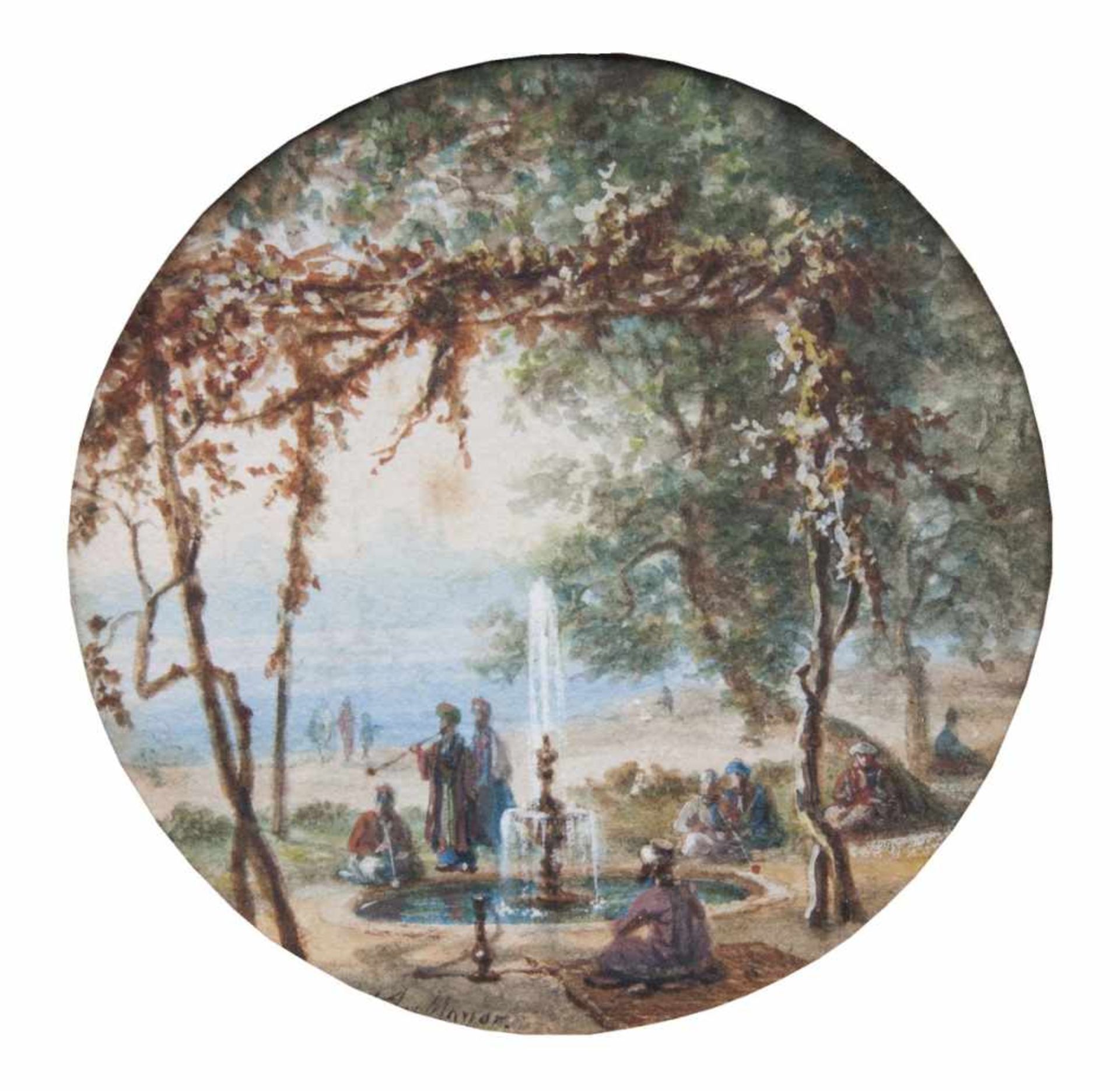 Auguste Etienne Mayer (Brest 1805 - Brest 1890) Im Garten vor Istanbul Tempera/Papier, D. 9 cm, l.