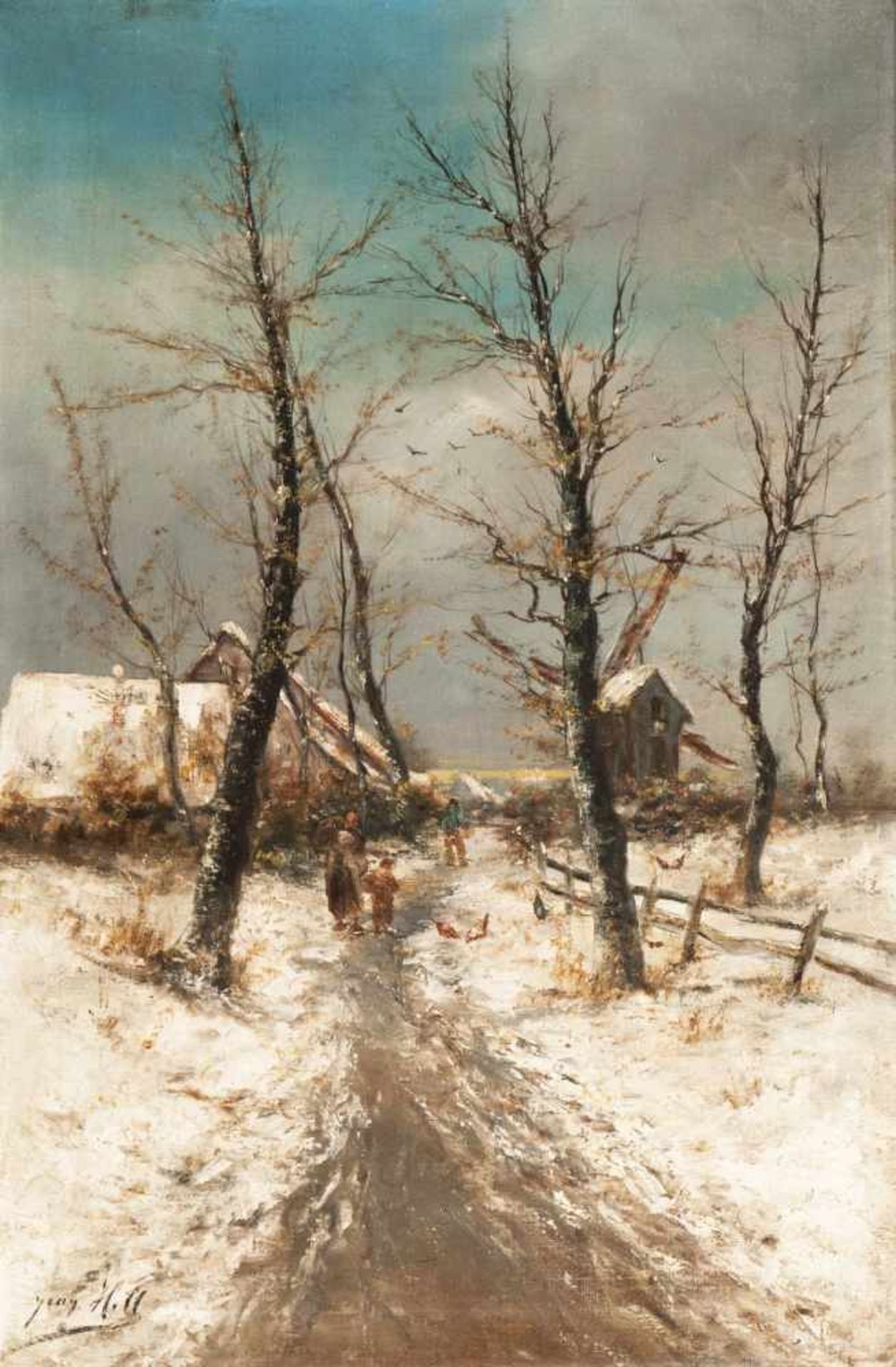 Jean Hill tätig 2. Hälfte 19. Jh. Der Weg zur Mühle - Winter Öl/Lw., 80,5 x 51 cm, l. u. sign.