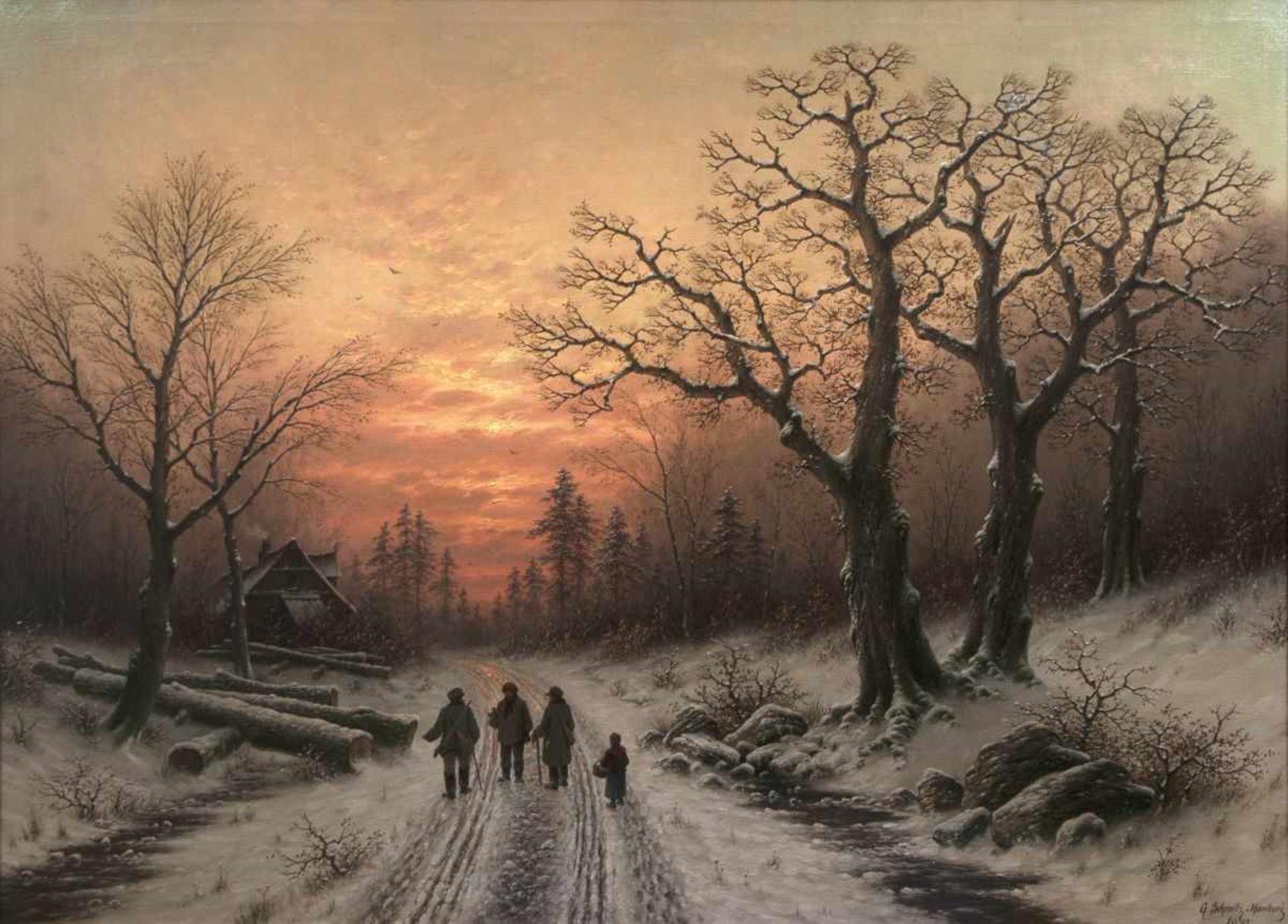 Georg Schmitz (Düsseldorf 1851 - Hamburg 1917) Abend im Winterwald Öl/Lw., 76,5 x 108 cm, G.