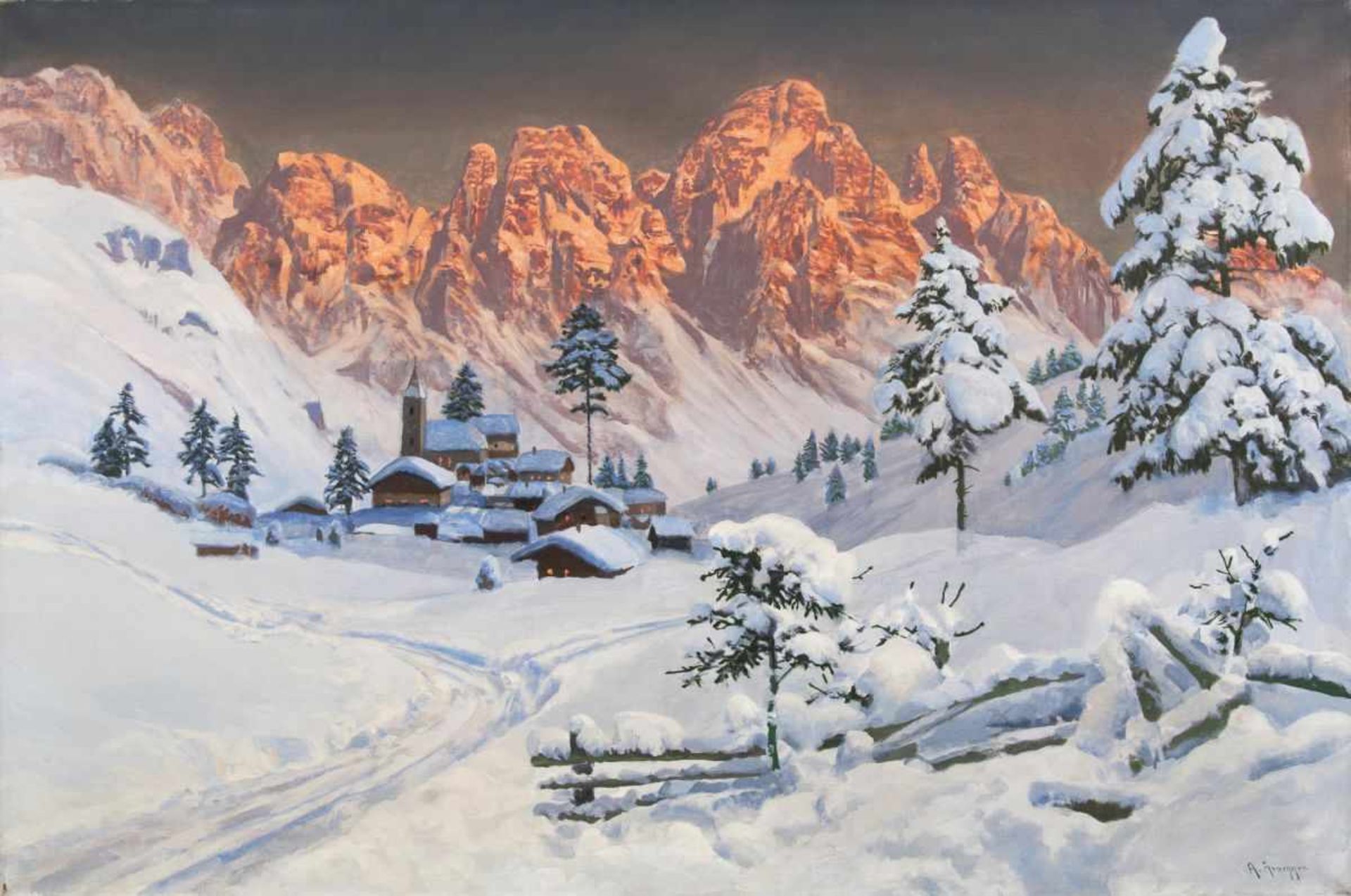 Alois Arnegger (Wien 1879 - Wien 1967) Alpenglühen am Kalkkögel im Stubaital Öl/Lw., 70,5 x 100