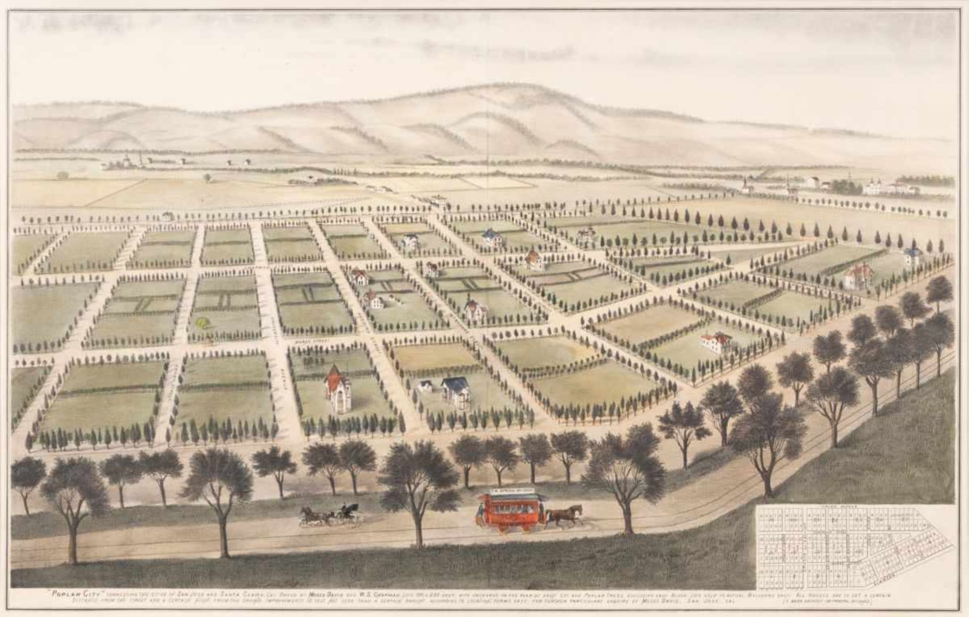 Poplar City connecting the cities of San Jose and Santa Clara, Cal. 1876, Farblithographie,