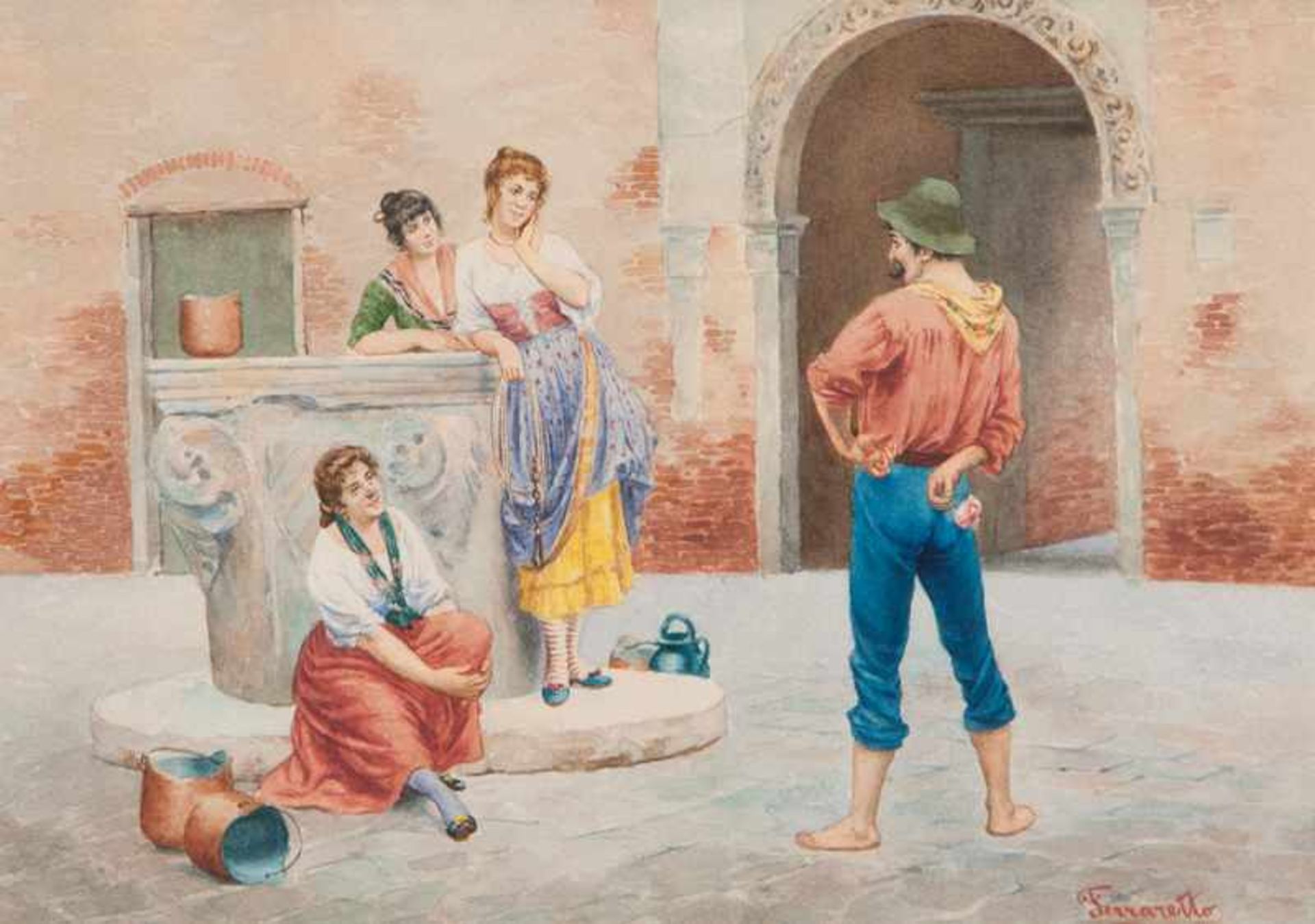 Ferraretto Italienischer Genremaler tätig um 1900 Das Urteil des Paris in Venedig Aquarell, 18,5 x