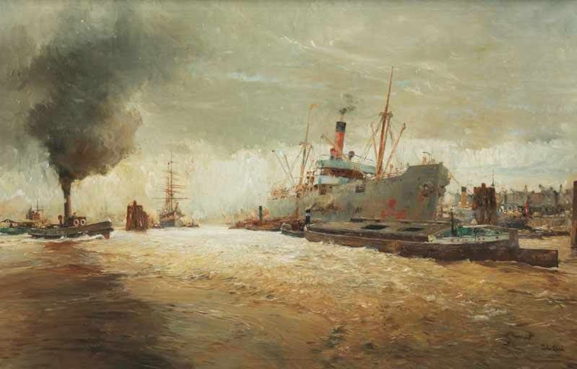 John Gleich (Memel 1879 - nach 1927) Im Hamburger Hafen Öl/Lw., 89 x 130 cm, r. u. sign. John