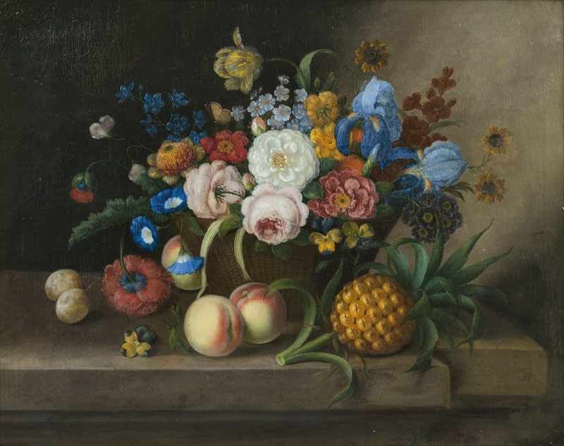 Georg Seitz (Nürnberg 1810 - Wien 1870) Stilleben mit Blumenkorb, Ananas und Pfirsichen Öl/Lw., 55,5