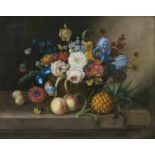 Georg Seitz (Nürnberg 1810 - Wien 1870) Stilleben mit Blumenkorb, Ananas und Pfirsichen Öl/Lw., 55,5