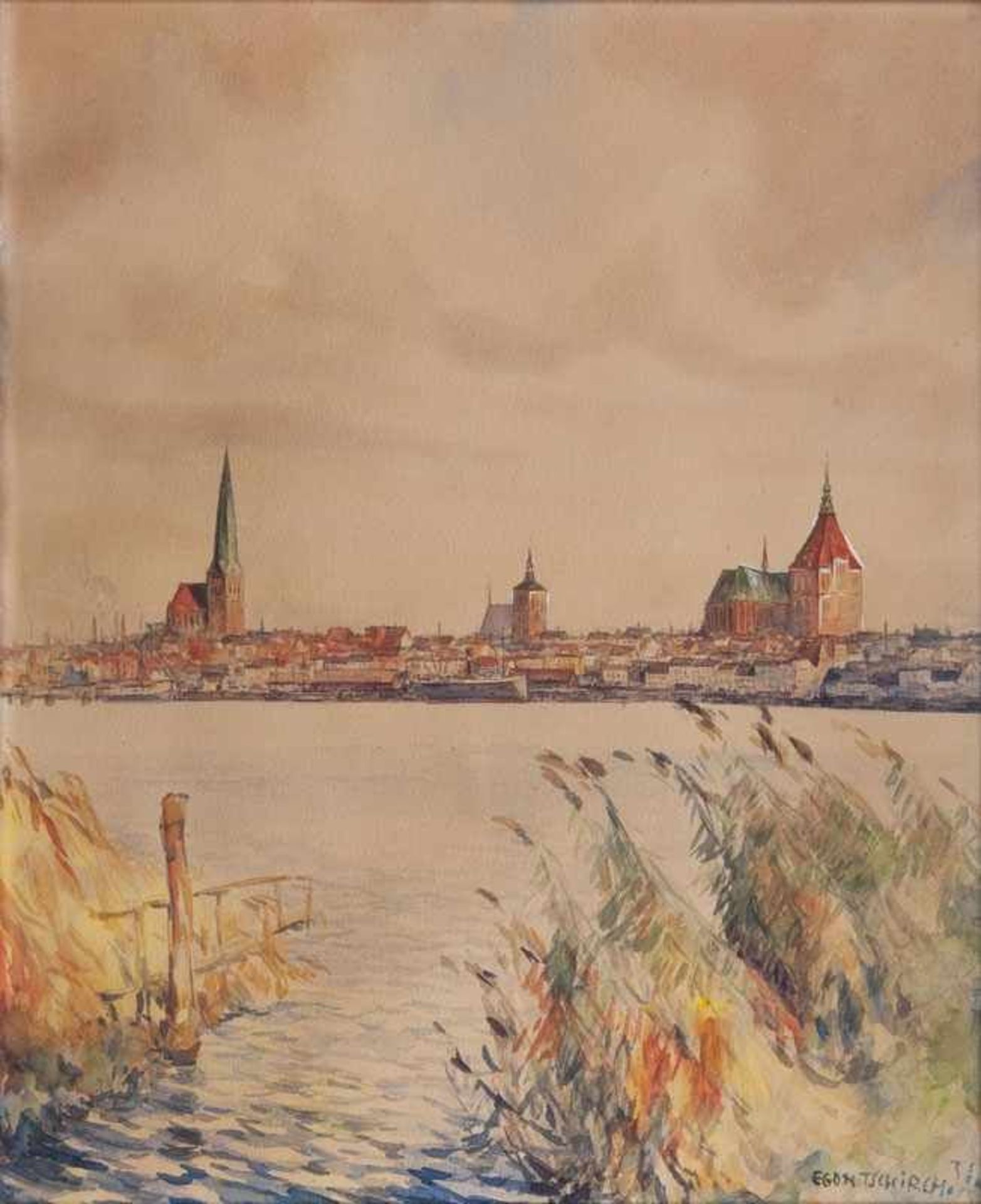 Egon Tschirch (Rostock 1889 - Rostock 1948) Blick auf Rostock Aquarell, 60 x 49,5 cm, r. u. sign.